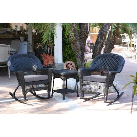 Jeco W00207R-D-2-RCES033 Black Rocker Wicker Chair Set with Steel Blue Cushion - 3 Piece W00207R-D_2-RCES033